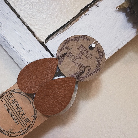 Genuine Cognac Brown Leather Teardrop Lightweight Dangle Statement Earrings - Picture 3 of 6